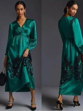 Anthropologie Emerald Satin Wrap Maxi Dress with Black Floral Accent